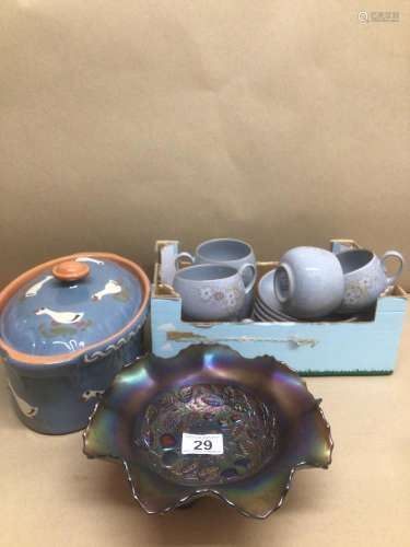 MIXED BOX WITH DENBY (REFLECTIONS) AND CARNIVAL GLASS BOWL