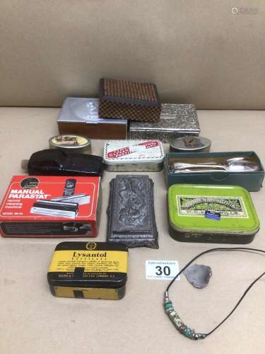 MIXED BOX OF METAL BOXES, RECORD CLEANING MACHINE, AND GLASS AVON BOTTLE