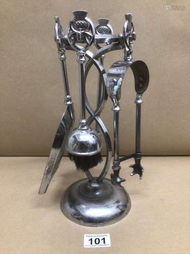 A VINTAGE CHROME FIRESIDE COMPANION SET DECORATED WITH THISTLES TO THE TOPS