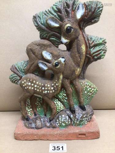 A LARGE POTTERY FIGURE OF DEERS BY THOMAS HELLSTORM FOR NITTSJO KELMIR SWEDEN 33CM