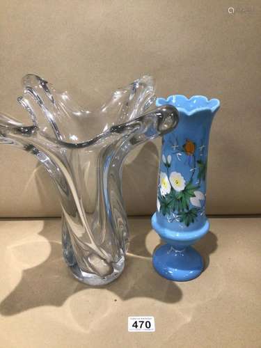 TWO LARGE GLASS VASES ONE HANDPAINTED ON BLUE GLASS THE OTHER A/F LARGEST 32CM