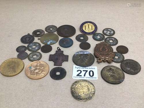 A GROUP OF COINS, BADGES AND MEDALLIONS