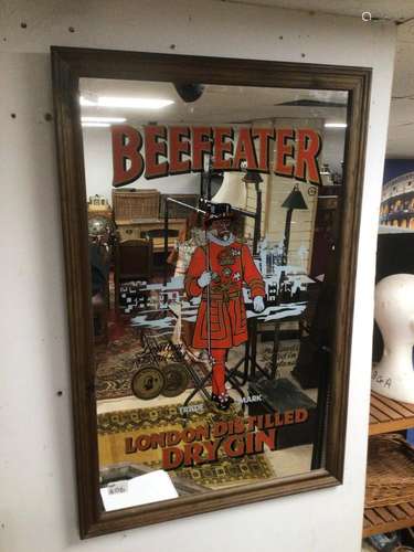 A VINTAGE FRAMED MIRROR BEEFEATER LONDON DRY GIN 89 X 57 CM