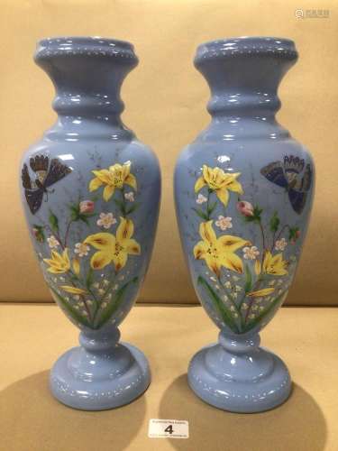 A PAIR OF BLUE HANDPAINTED GLASS VASES DECORATED WITH FLOWERS AND BUTTERFLIES 36CM