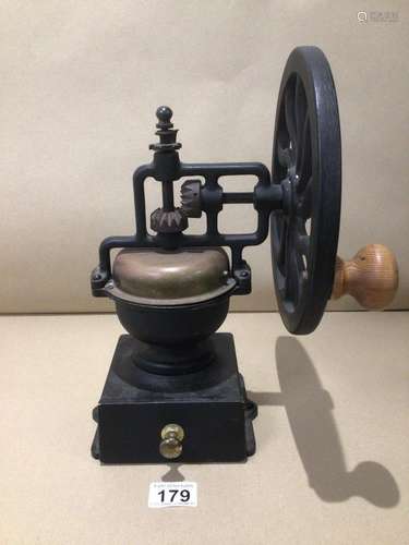 A VINTAGE ROBERT WELCH DESIGN CAST IRON VICTOR COFFEE BEAN GRINDER, 33CM HIGH