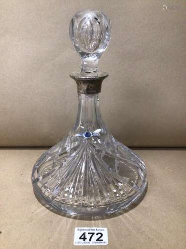 A HALLMARKED SILVER MOUNTED CUT GLASS SHIPS DECANTER 24CM