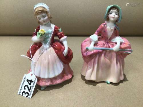 TWO PORCELAIN ROYAL DOULTON FIGURINES BO-PEEP HN1811 1937 AND VALERIE HN 2107 1952 14CM