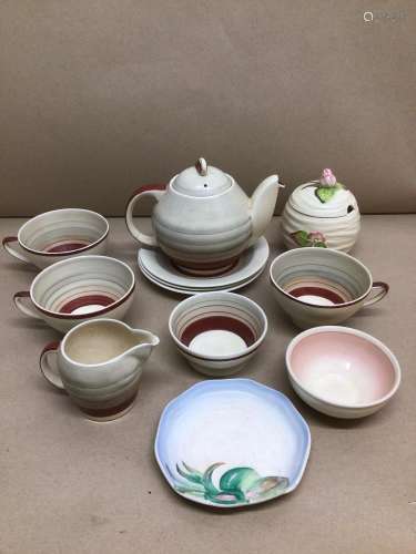 NINE PIECE PART ART DECO TEA SET BY SUSIE COOPER PRODUCTION WITH TWO PIECES OF CLARICE CLIFF