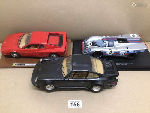 THREE DIE-CAST 1/16 SCALE TOY CARS BURAGO, TONKA, PORSCHE, FERRARI