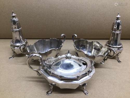 HALLMARKED SILVER FIVE PIECE CONDIMENT SET WITH CAST BORDERS TOTAL WEIGHT 270 GRAMS, EDWARDIAN