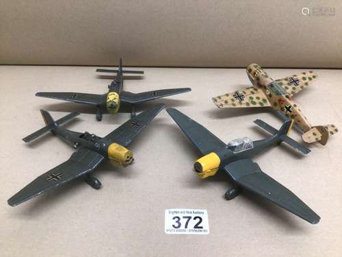 FOUR VINTAGE METAL DINKY TOY AIRPLANES, JUNKERS, JU87B X3 (721) MESSERSCHMITT BF109E