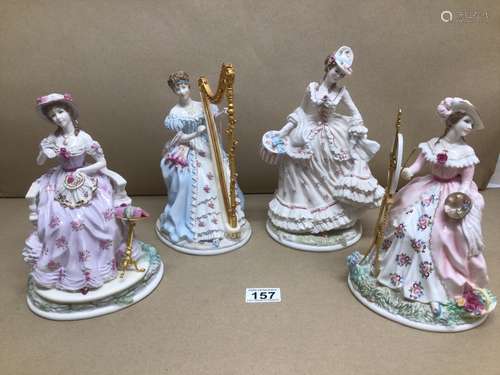 FOUR ROYAL WORCESTER FIGURINES BY MAUREEN HALSON, EMBROIDERY, MUSIC FOLLOW THE SUN AND PAINTING