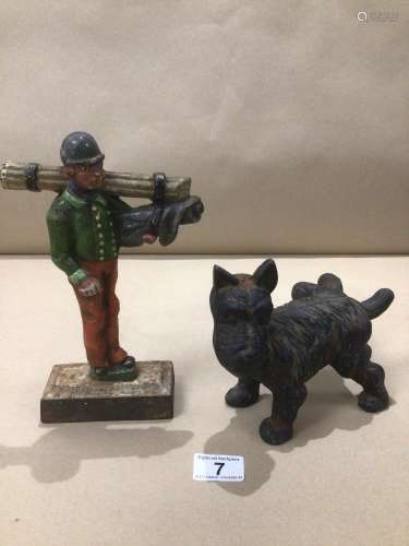 TWO CAST IRON DOOR STOPS A TERRIER AND A GENTLEMAN MARKED TO THE INSIDE L.G MOUNTFORD BROMLEY KENT