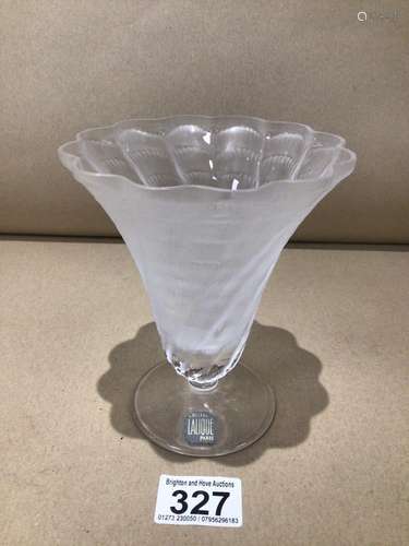 A LALIQUE VASE (LUCIE) GLASS TWISTED FLUTED AND FLARED TRUMPET SHAPED WITH SCALLOP EDGES WITH