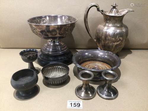 A QUANTITY OF SILVER PLATE ITEMS, WINE COASTER AND SQUASH CANDLESTICKS AND MORE