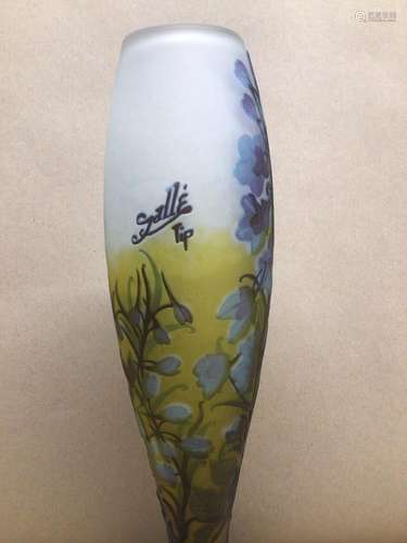 A GALLE STYLED CAMEO GLASS VASE YELLOW WITH BLUE FLOWERS SIGNED GALLE 32CM