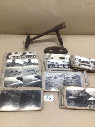 A QUANTITY OF EARLY BLACK AND WHITE STEREOSCOPIC SLIDES AND EARLY WOODEN VIEWER A/F (REALISTIC