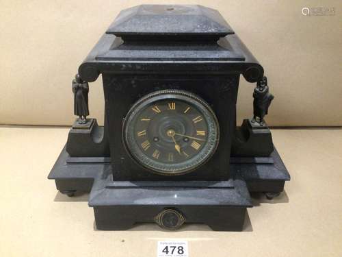 A BLACK 19TH CENTURY SLATE MANTEL CLOCK BY G.V