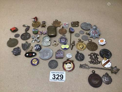 MIXED ITEMS, MATCHSTRIKERS, MEDALS, COINS, SOME SILVER AND MORE