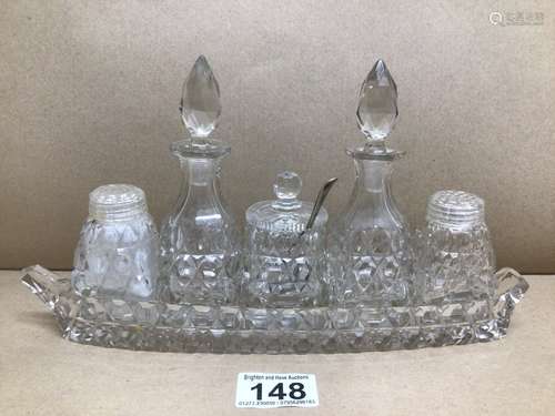 A VINTAGE CUT GLASS CONDIMENT SET