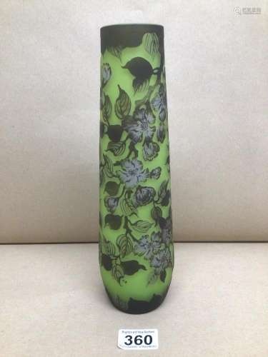 A GALLE STYLED CAMEO GLASS VASE GREEN BACKGROUND WITH FLOWERS SIGNED GALLE 28CM