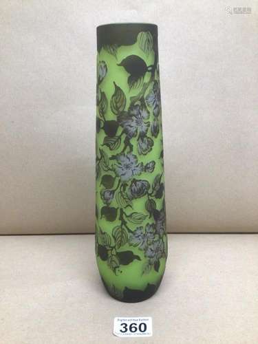 A GALLE STYLED CAMEO GLASS VASE GREEN BACKGROUND WITH FLOWERS SIGNED GALLE 28CM