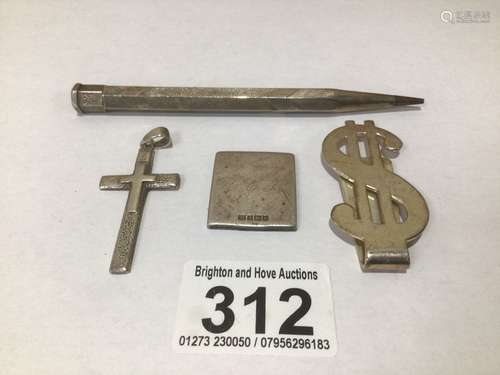 FOUR PIECES OF HALLMARKED SILVER ITEMS TIFFANY AND CO MONEY CLIP, YARD'O'LEAD PENCIL AND MORE 45