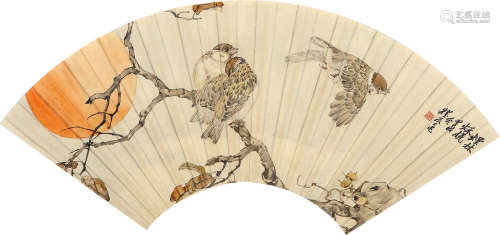 刘奎龄（1885-1967） 1934年 作 烟林秋晓 设色纸本 扇面
