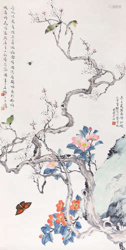 于非闇王师子 1941年 作 鸟语花香 设色纸本 立轴