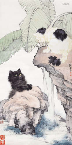 刘奎龄（1885-1967）  蕉荫猫戏 设色纸本 立轴