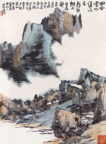 梁崎（1909-1996）  四面云山 设色纸本 镜框