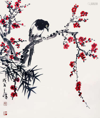 孙其峰（b.1920） 2008年 作 红梅喜鹊 设色纸本 镜框
