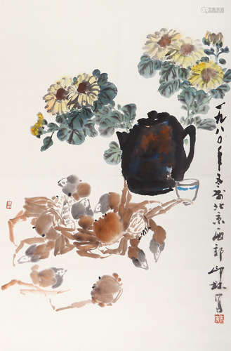 萧朗（1917-2010） 1980年 作 菊蟹图 设色纸本 立轴