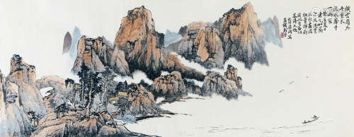梁崎（1909-1996） 1983年 作 江山纵览 设色纸本 托片