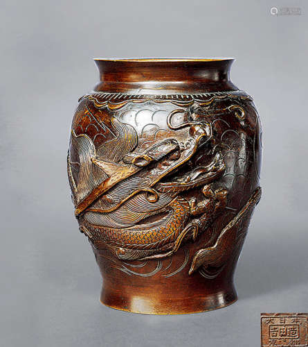 大正時期 銅雲龍戲珠紋燈籠瓶 