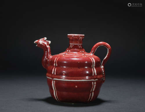 祭紅釉花紋茶壺