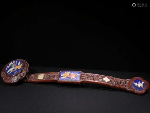 A Gem Inlaid Huali Wood Ruyi Ornament