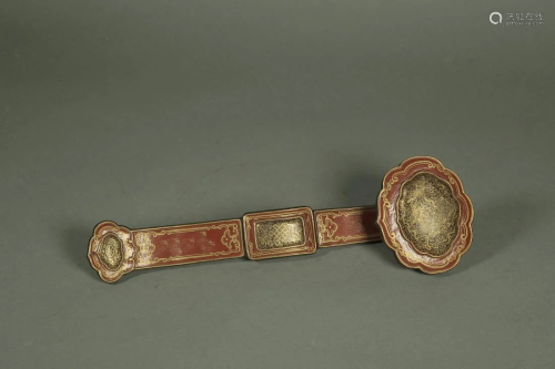 A GOLD PAINTED CORAL RED GLAZED RUYI SCEPTER