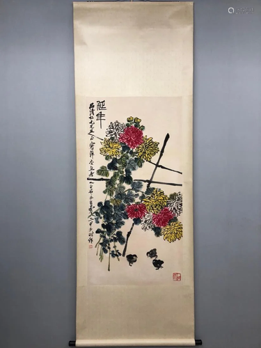 A PAINTING OF CHICKS AND CHRYSANTHEMUM, QI BAISHI