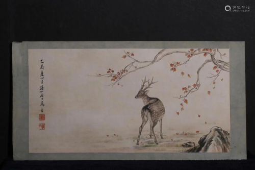 A PAINTING OF SIKA DEER AND FALLING LEAVES, MA JIN