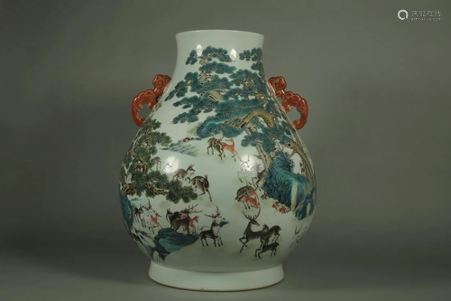 A FAMILLE ROSE 'DEER AND PINE TREE' ZUN VASE