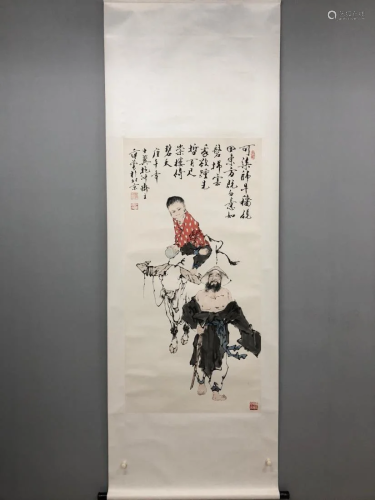 A PAINTING OF TWO FIGRUES AND GOAT, FAN ZENG