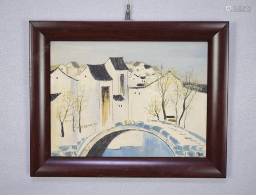 A FRAMED OIL PAINTING OF LANDSCAPE, WU GUANZHONG