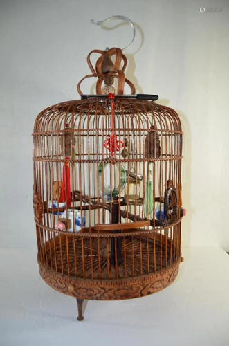 Chinese Bamboo Bird Cage w Feeder