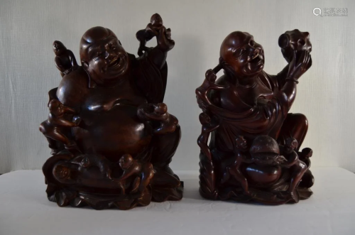 A Pair Chinese Wood Carved Statues