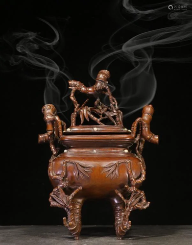 Chinese Hand Carved Bamboo Tripod Censer