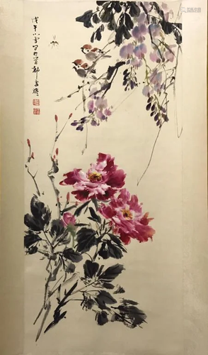 Chinese Ink Color Painting w Red Seals,Flowers