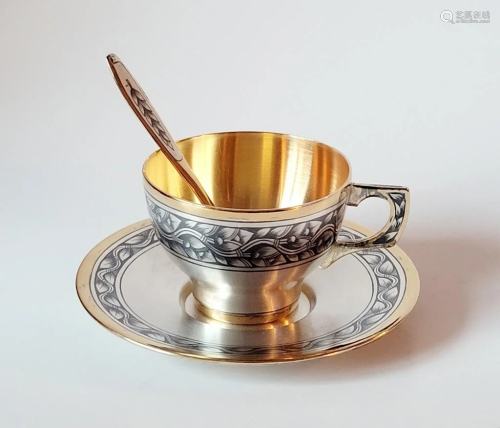 Russian Soviet Silver Niello Cup Saucer Spoon