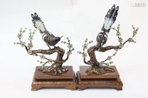 Pair of Chinese Enamel Birds on Tree w Stand