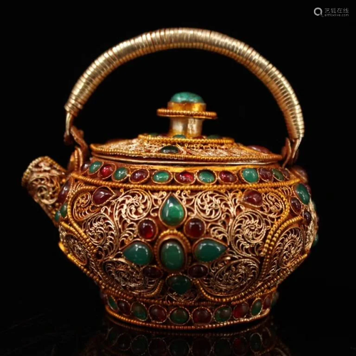 Chinese Gilt Silver Teapot Inlaid Gems